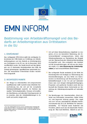 Cover: EMN Inform Bestimmung von Arbeitskräftemangel und des Bedarfs an Arbeitsmigration aus Drittstaaten in die EU