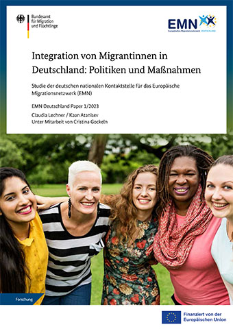 Cover EMN Deutschland Paper: Integration von Migrantinnen in Deutschland (Quelle: BAMF (Coverbild: AdobeStock | Rawpixel Ltd.)) Cover EMN Deutschland Paper: Integration von Migrantinnen in Deutschland