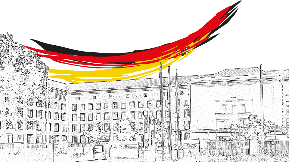 Strichzeichnung des Gebäudes des Bundesamtes für Migration und Flüchtlinge in Nürnberg mit NTM-Logo (Quelle: BAMF) Strichzeichnung des Gebäudes des Bundesamtes für Migration und Flüchtlinge in Nürnberg mit NTM-Logo
