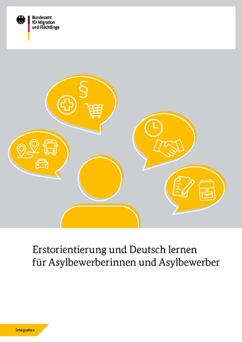 Das Titelbild zeigt eine gezeichnete Figur über deren Kopf mehrere Sprechblasen mit jeweils unterschiedlichen Symbolen stehen. (Quelle: BAMF) Das Titelbild zeigt eine gezeichnete Figur über deren Kopf mehrere Sprechblasen mit jeweils unterschiedlichen Symbolen stehen.