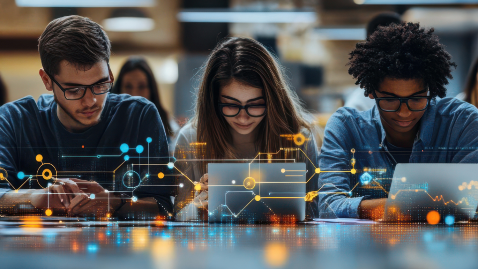 Eine junge Frau und zwei junge Männer sitzen vor ihren Notebooks an einem Tisch. Hinweis: Das Bild wurde mithilfe Künstlicher Intelligenz generiert. (Quelle: AdobeStock | Muhawaii) Eine junge Frau und zwei junge Männer sitzen vor ihren Notebooks an einem Tisch. Hinweis: Das Bild wurde mithilfe Künstlicher Intelligenz generiert.