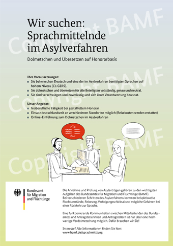 Das Bild zeigt das Plakat "Wir suchen: Sprachmittelnde im Asylverfahren". Der Inhalt steht in der Langbeschreibung. (Bild hat eine Langbeschreibung)