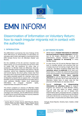 Cover: EMN Inform Dissemination of Information on Voluntary Return: how to reach irregular migrants not in contact with the authorities  Cover: EMN Inform Dissemination of Information on Voluntary Return: how to reach irregular migrants not in contact with the authorities